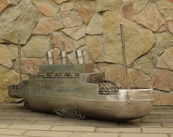 Handmade Stainless Steel Ship Sculpture Olympia, Large Metal Ocean Vessel Liner, Nautical Home Decoration, Vintage Maritime Collectible Gift