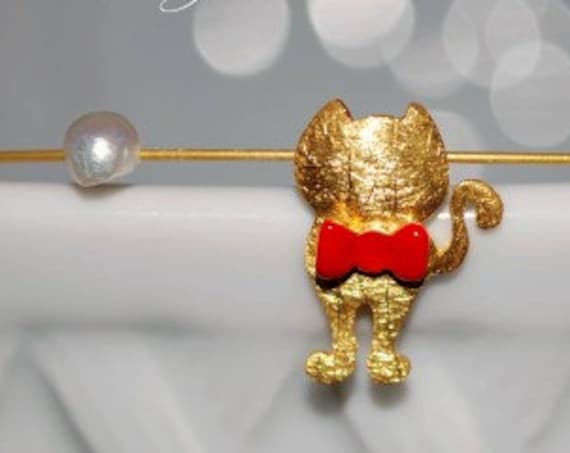 Necklace Red Enamel Bow cute Cat Pearl Sterling Silver Gold plated Handmade Jewelry Fine Greek Art Gift Catlovers Woman Girl Best Ideas Love