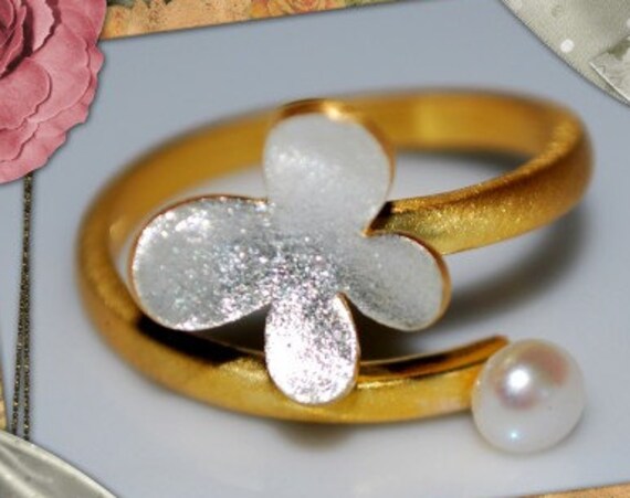 Butterfly Ring Silver 925 Gold-plated with Pearl Lakasa e-shop Jewelry