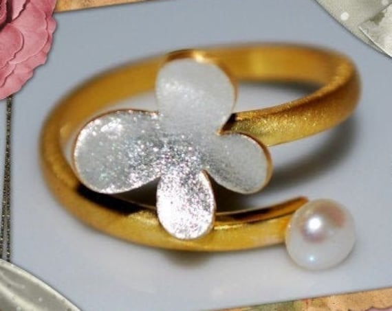 Butterfly Ring Silver 925 Gold-plated with Freshwater Pearl Lakasa eshop Handmade Jewelry Best Price Ideas Gifts Love Anniversary Birthday