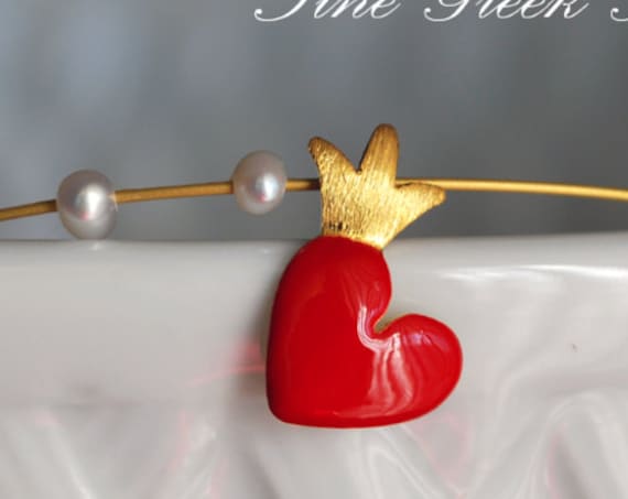 Necklace Red Enamel Heart Crown & Pearls Sterling Silver 925 Gold-plated Handmade Jewelry Best Ideas Gifts Valentine Love Girlfriend Woman