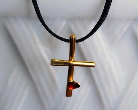 Necklace Enamel Red Heart Cross Sterling Silver Gold plated Handmade Religious Jewelry Fine Greek Art for her birthday Mother Day Baby Girl