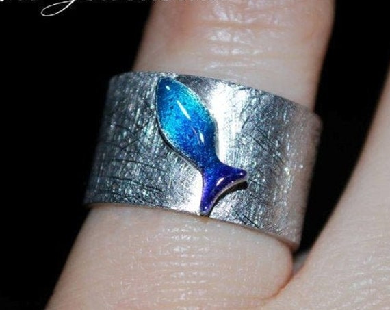 Chevalier Ring Blue Enamel Fish Silver 925 white Gold plated Handmade Jewelry Fine Greek Art Summer time Funny holidays Girlfriend Love