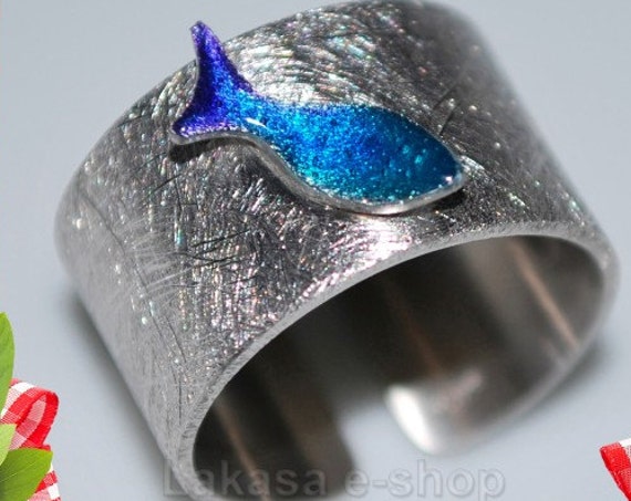 Chevalier Ring Blue Enamel Fish Sterling Silver white Gold plated Handmade Jewelry Fine Greek Art Summer time Funny holidays Girlfriend Love