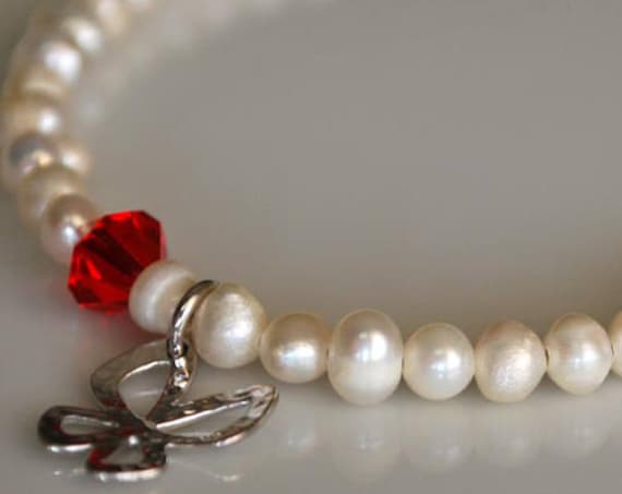 Butterfly Pearls Bracelet Sterling Silver Handmade Jewelry Red Swarovski Crystal Best Gift Friendship Hope Love Birthday Woman Girl Unique