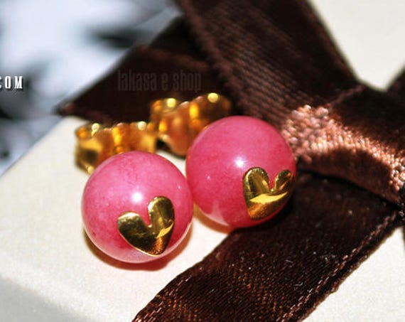 Heart stud earrings cherry quartz beads round sterling silver gold plated jewelry handmade pink candy color lovely natural gemstone gifts