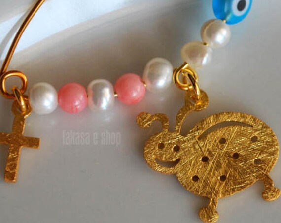 Ladybird Baby Brooch Sterling Silver Gold plated Freshwater Pearls Handmade Jewelry Best Gift Baptism Religious Cross Birthday Mother Moomy