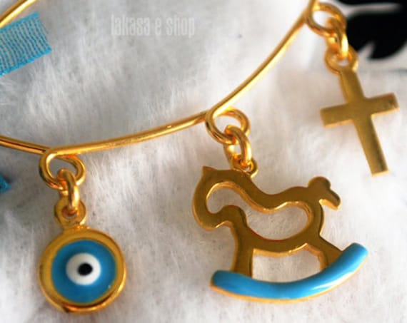 Blue Enamel Pony Carousel Baby Brooch Sterling Silver Gold Handmade Jewelry Cross Eye Mama Happy Shower Day Religious Baptism Newborn Boy