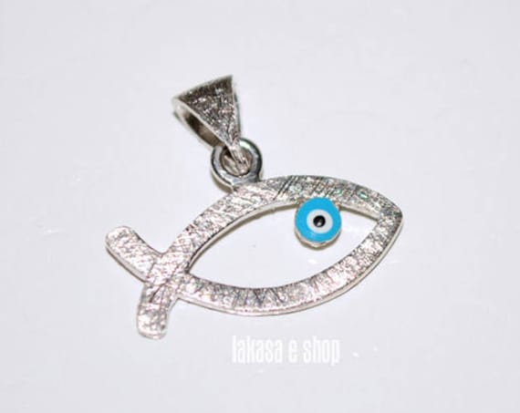 Fish Enamel Blue Eye Sterling Silver white Gold plated Religious Handmade Jewelry Baby Boy Girl Shower Day Mommy Baptism Newborn Men Unisex