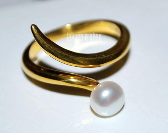 Freshwater Pearl Ring Silver 925 Gold-plated Handmade Jewelry Gift for her Woman Anniversary Cool Summer Look Bridal Greek Style Modern