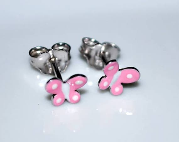 Enamel pink butterfly stud earrings sterling silver white gold plated handmade jewelry cute girl Kids Collection baby moda gifts girl