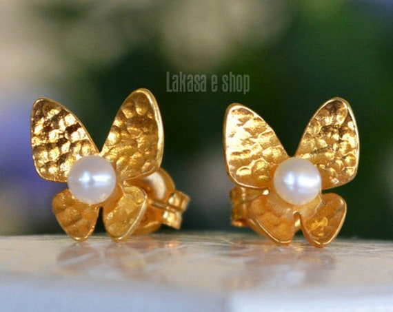 Butterfly Earrings Freshwater Pearls Silver 925 Gold-plated Handmade Jewelry Best Ideas Gifts Mother's Day for Her Birthday Anniversary