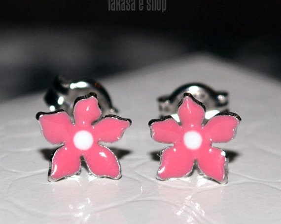 Pink Enamel Flower Studs Earrings Silver 925 white Gold-plated Handmade Jewelry
