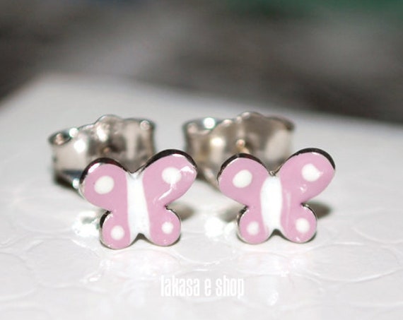 Purple Enamel Butterfly Studs Earrings Sterling Silver 925 white Gold-plated Handmade Jewelry Baby Girl Gift Kids Collection Floral Design