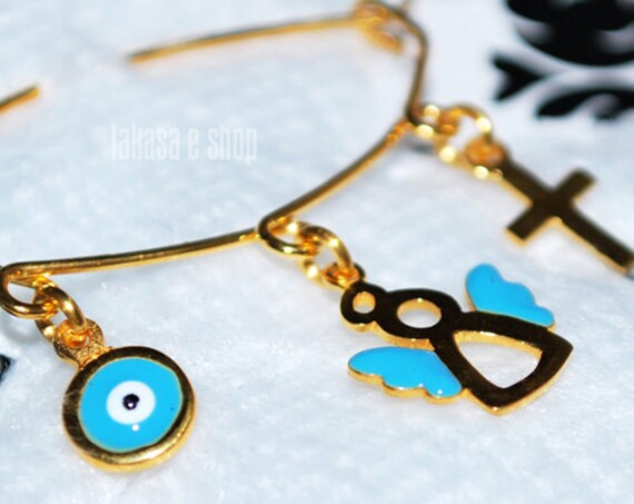 Blue Enamel Sweet Angel Baby Brooch Sterling Silver Gold Handmade Jewelry Cross Eye Mama Happy Shower Day Religious Baptism Newborn Boy