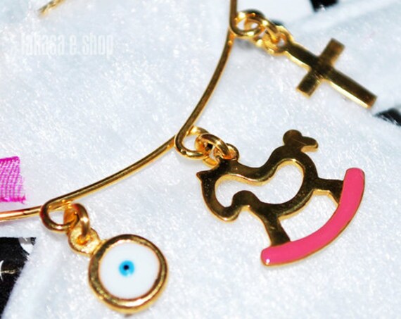 Pink Enamel Pony Carousel Baby Brooch Sterling Silver Gold Handmade Jewelry Cross Eye Mama Happy Shower Day Religious Baptism Newborn Girl