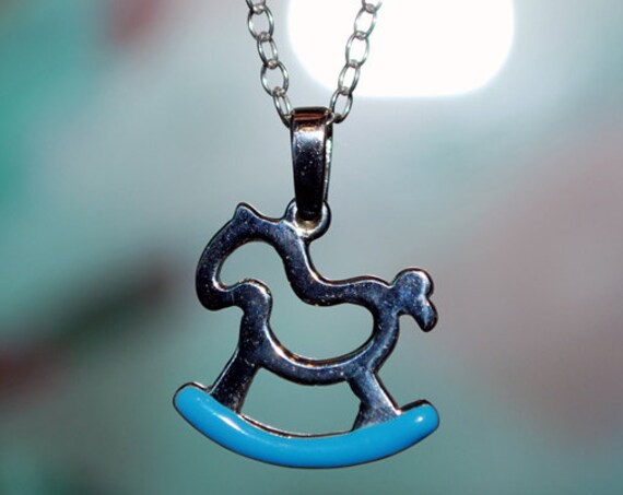 Blue Enamel Horse Carousel Baby Chain Necklace Sterling Silver Handmade Jewelry gift idea mama boy children baptism newborn happy shower day