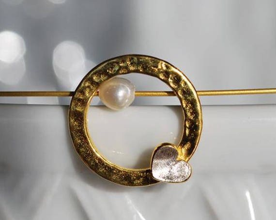 Heart in circle with Freshwater Pearl Necklace Sterling Silver Gold plated Handmade Jewelry Greek Art Love Valentine Gift for her Girlfriend