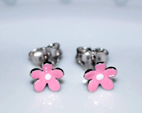 Pink Enamel Flower Stud Earrings Sterling Silver 925 white Gold plated Handmade Jewelry Baby Girl Moda Gift Kids Collection Floral Design