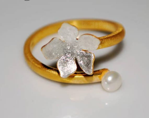 Freshwater Pearl Flower Ring Silver 925 Gold-plated Handmade Jewelry Best Price Ideas Gifts Floral Design Love Anniversary Woman Girlfriend
