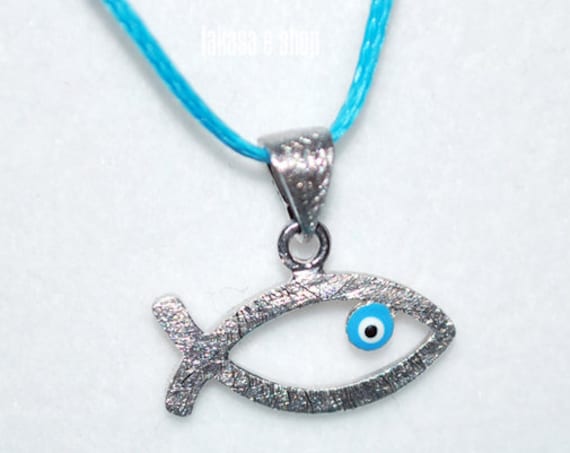 Fish Necklace Enamel Blue Eye Sterling Silver white Gold plated Religious Handmade Jewelry Birthday Shower Day Baby Boy Girl Baptism Newborn
