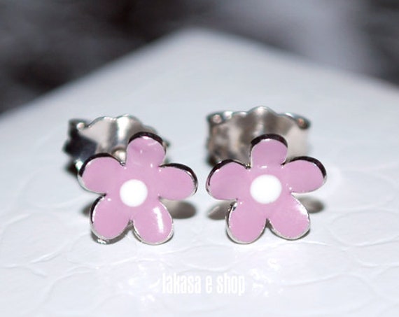 Purple Enamel Flower Studs Earrings Sterling Silver 925 white Gold-plated Handmade Jewelry Baby Girl Moda Gift Kids Collection Floral Design