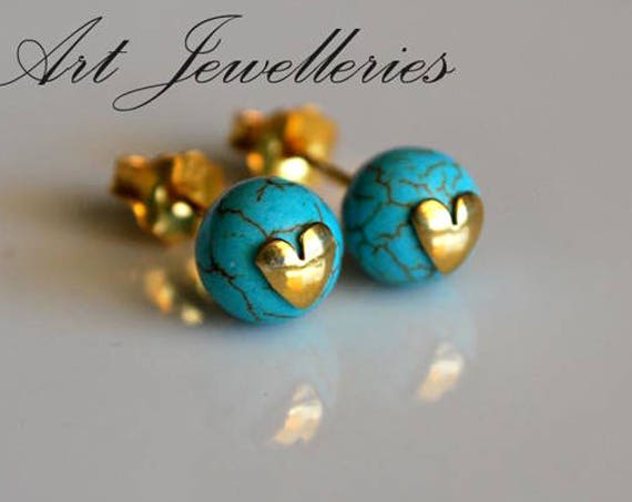 Heart Stud Earrings with Turquoise Beads Sterling Silver 925 Gold plated Jewelry Lakasa eshop summer look moda funny sea prety girl fashion
