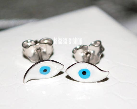 Enamel Eye Stud Earrings Sterling Silver Handmade Jewelry white Gold plated Girl Woman Kids Collection Birthday Girlfriend Summer Minimalist