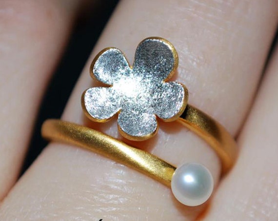 Flower Freshwater Pearl Handmade Ring Silver 925 Gold-plated Handmade Jewelry Best Price ideas Gifts Floral Design Love Anniversary Woman
