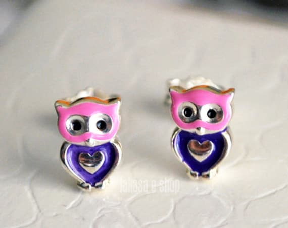 Heart Owl Enamel Jewelry Stud Earrings Sterling Silver Girl School Kids Moda Color Purple Pink Gift idea Woman Girlfriend Birthday Party Fun