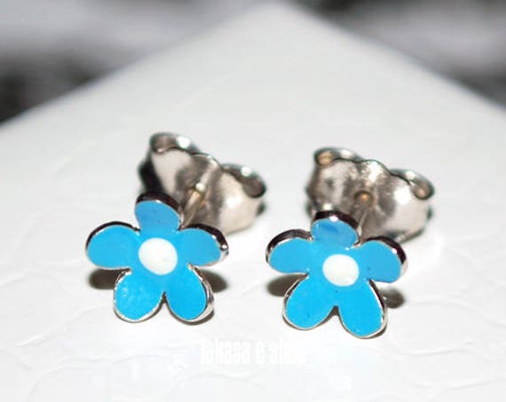 Blue Enamel Flower Stud Earrings Sterling Silver 925 white Gold plated Handmade Jewelry Baby Girl Moda Gift Kids Collection Floral Design
