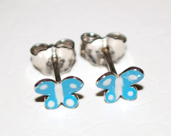 Enamel blue Butterfly studs Earrings Sterling Silver white Gold plated Handmade Jewelry freedom girl Kids Collection baby moda Best Gifts