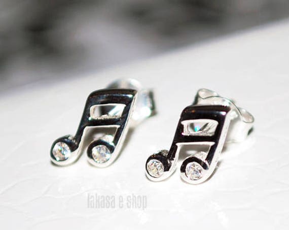 Music Notes Symbols Studs Earrings Sterling Silver Jewelry Cubic Zirconia Crystals Best Gift Woman Girl Unisex Musiclovers Jazz Piano Violin