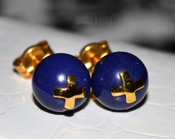Lapis Lazuli Cross Studs Earrings Silver 925 Gold-plated Handmade Jewelry Natural Gemstone Best Ideas Gifts Mother's Day Love