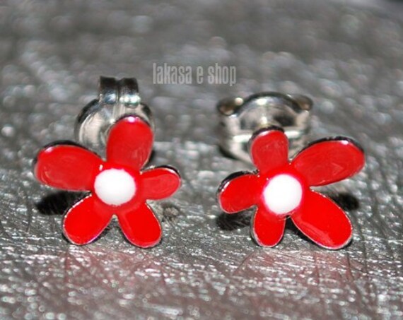 Flowers Red Enamel Studs Earrings Silver 925 white Gold-plated Handmade Jewelry Floral Design Best Ideas Gifts For Her Birthday Anniversary