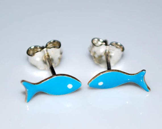 Enamel Fish Stud Earrings Sterling Silver Handmade Jewelry cute girl Kids Collection Baby Moda Woman Girlfriend Summer Greek Baptism Gifts