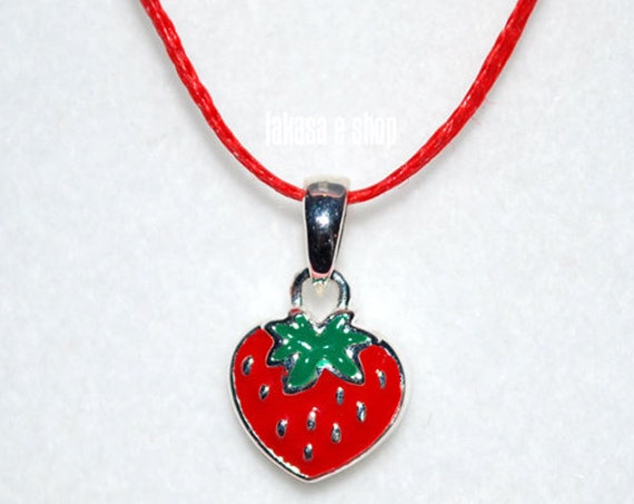 Juicy Strawberry Red Enamel Jewelry Necklace Sterling Silver Girl School Kids Collection Moda Summer Spring Fun Color Fruit Cool Gift idea