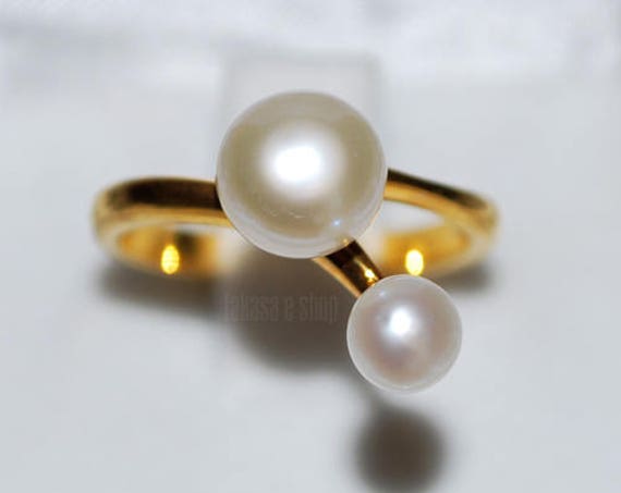 Double Freshwater Pearl Ring Silver 925 Gold-plated Handmade Jewelry Gift for her Anniversary Princess Valentine Love Bridal Modern Style