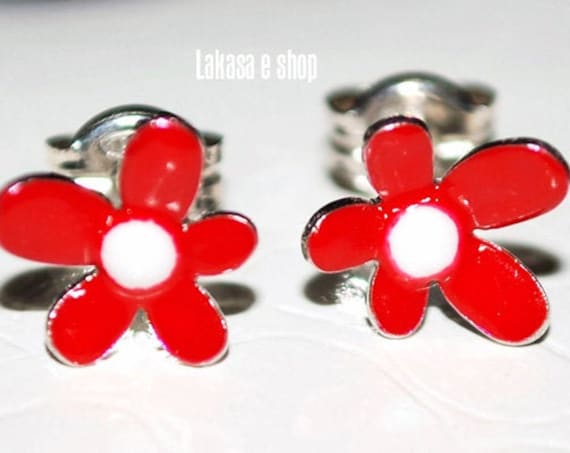 Flowers Red Enamel Studs Earrings Silver 925 white Gold-plated Handmade Jewelry Floral Design Best Ideas Gifts For Her Birthday Anniversary
