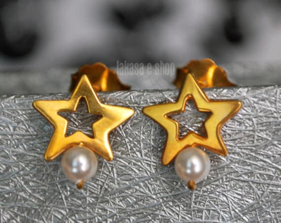 Freshwater Pearl Star Stud Earrings Sterling Silver Goldplated Greek Handmade Jewelry Birthday Gift Mother Girl Elegant Style Woman Blue Sky