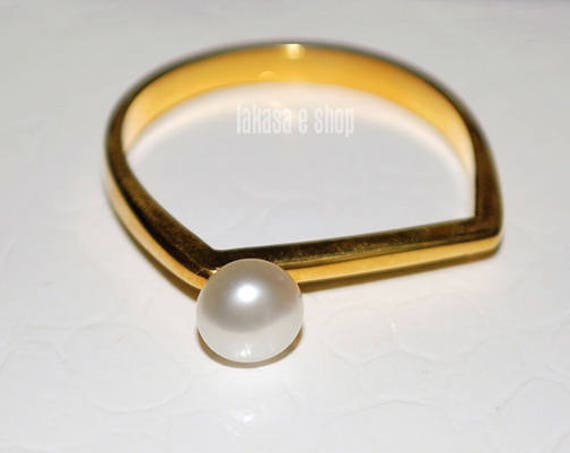 Freshwater Pearl Ring Silver 925 Gold-plated Handmade Jewelry Gift for her Birthday Girlfriend Woman Modern Square Minimalist Style