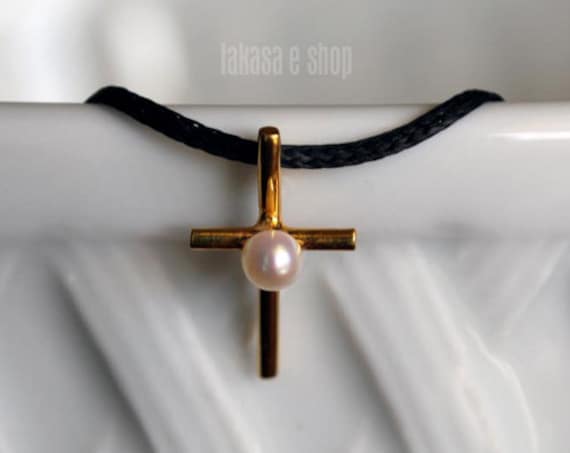 Cross Necklace Sterling Silver Gold plated Handmade Jewelry Pearl Gift for her Birthday Christmas Girlfriend Mother Baby Girl Religious Love