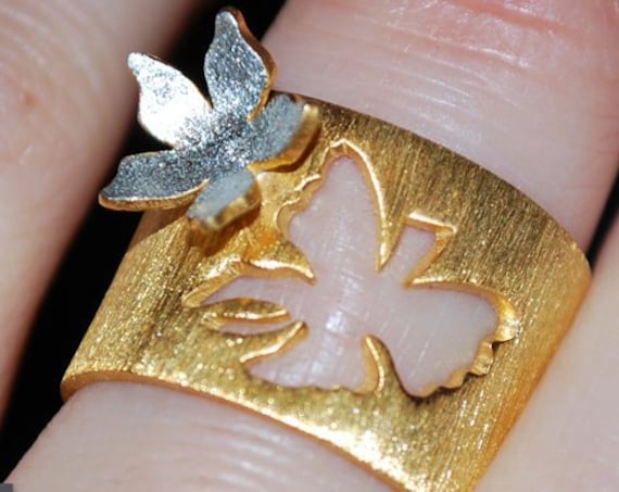 Ring Silver 925 Gold-plated Handmade Jewelry Butterfly Flower Floral Design Anniversary Best Ideas Gifts For Her Woman Mother's Day Love