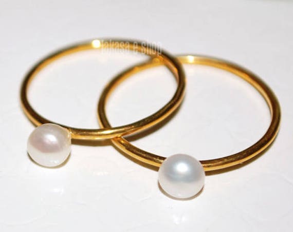 OFFER Set 2 Rings Freshwater Pearls Sterling Silver Gold Handmade Jewelry Friendship Gift Mother & Daughter Bridal Greek Minimalist Style