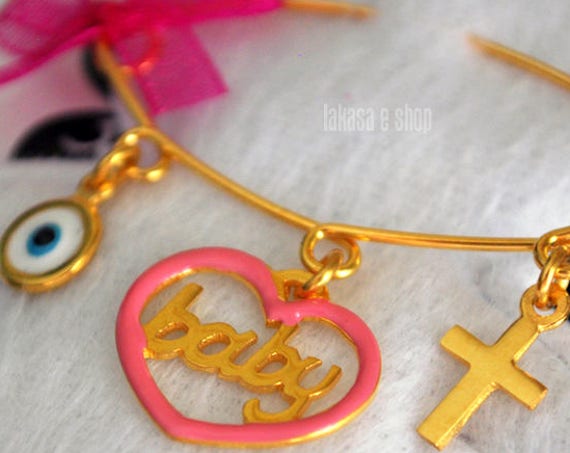 Pink Enamel Heart Baby Brooch Sterling Silver Gold Handmade Jewelry Cross Eye Mama Happy Shower Day Religious Baptism Newborn It is a Girl