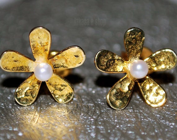 Flowers Pearls Studs Earrings Sterling Silver 925 Gold-plated Handmade Jewelry Woman Best Ideas Gift Anniversary Birthday Floral Design Moda