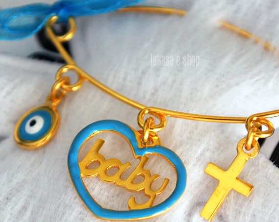 Blue Enamel Heart Baby Brooch Sterling Silver Gold Handmade Jewelry Cross Eye Mama Happy Shower Day Religious Baptism Newborn It is a Boy