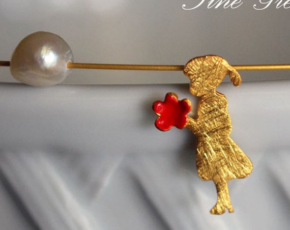Red Enamel Necklace Girl & Flower Sterling Silver 925 Gold-plated Pearl Handmade Jewelry Romantic style Mother's Day Anniversary Birthday