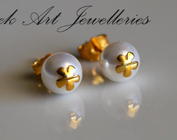 Flower Pearls Stud Earrings Sterling Silver Gold plated Jewelry Lakasa eShop Floral design moda woman girl gifts girlfriend greek style art