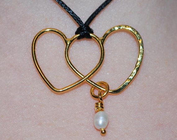 Hearts Necklace Sterling Silver Gold plated Pearl Handmade Jewelry Fine Greek Art Valentine Woman Mother Anniversary Romantic Love Birthday
